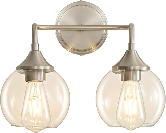 Bathroom Vanity Light with Clear Glass Shade, E26 Base, 2-Light Bathroom Light Fixtures Over Mirror, 14 Inch Vanity Lights for Bathroom (Exclude E26 Bulb) - Brushed Nickel