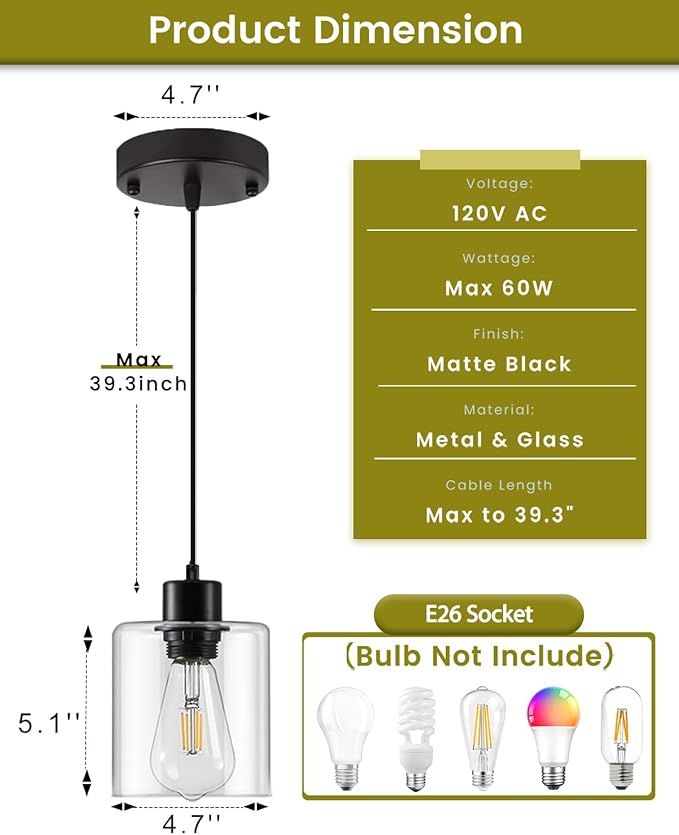 1 Light Hanging Pendant Light Fixtures, Adjustable Black Pendant Lights Kitchen Island, Modern Farmhouse Light Fixtures for Dining Room, Clear Glass Shade, E26 Base, 3 Packs