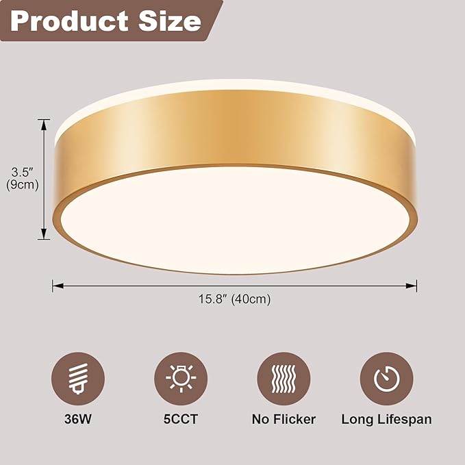 YURNYQ Gold LED Flush Mount Ceiling Lights, Modern Dimmable 5CCT Close to Ceiling Light, Minimalist Overhead Round Kitchen Lighting Fixtures for Bedroom Hallway Entryway Living Room, 15.8 Inch