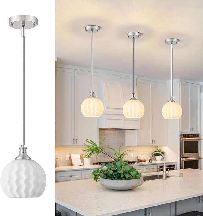 Brushed Nickel Pendant Lights Kitchen Island, 7.3" 1-Light Modern Farmhouse Milk Glass Globe Light Fixtures with Adjustable Rods, Hanging Ceiling Lighting for Sink, Hallway (E26 Base)