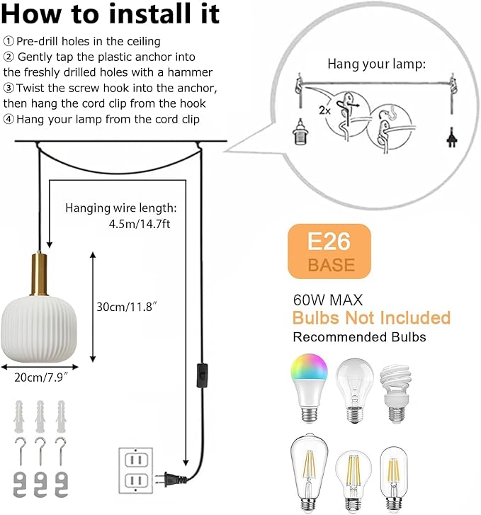 Mid Century Modern Plug in Hanging Light Milk Glass Pendant Light White and Gold Hanging Lamp Plug in Chandelier Lighting with Long Cord for Bedroom Living Room Dining Room Kitchen