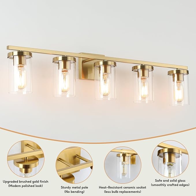 34in Bathroom Light Fixture Over Mirror, 5-Light Gold Vanity Lights with Clear Glass Shades, Modern Wall Sconces for Living Room, Bedroom, Hallway, E26 Base