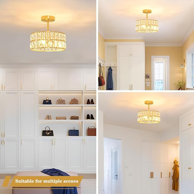 Brushed Gold Crystal Ceiling Light, Modern Semi Flush Mount Ceiling Lighting, Hallway Lighting Fixtures, Small Chandelier Light Fixture for Kitchen Entryway Bedroom Dining Room, 3-Light, 12 Inch