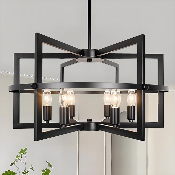 Modern Black Chandelier Ceiling Light for Dining Room, 6-Light Farmhouse Pendant Light Fixture for Over Table, Kitchen Island Lighting, Living Room, Bedroom, Entryway Foyer, Hallway & Staircase