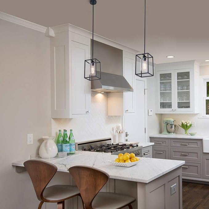 VILUXY Black Pendant Lights Kitchen Island Farmhouse Seeded Glass 1-Light Dining Room Pendant Lamp Fixtures Metal Cage Hanging Lights for Over Sink