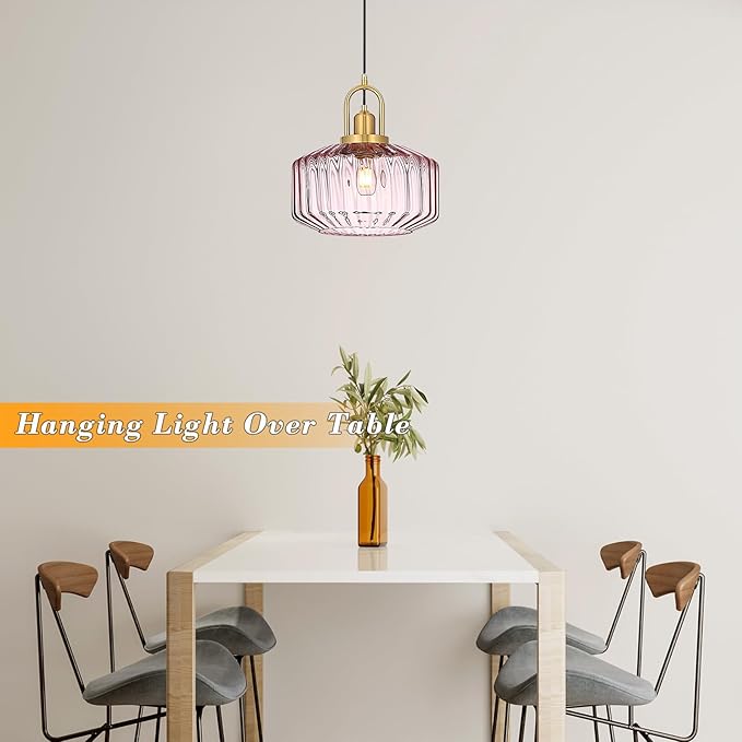 11.8in Mid Century Modern Pink Glass Pendant Light Fixture, Large Gold Kitchen Island Pendants Light Glass Ceiling Hanging Lamp for Foyer Dining Room Bedroom Entryway Hallway Over Sink