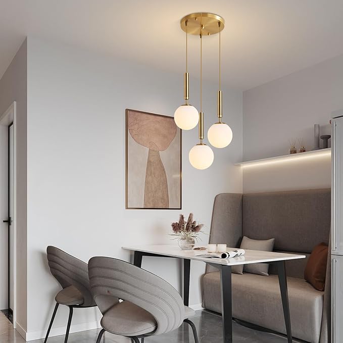 KCO Lighting 3-Lighs Cluster Pendant Lighting Mid Century Gold Globe Pendant Light Large Milk White Glass Chandelier Modern Kitchen Pendant Lighting for Living Room Dining Room