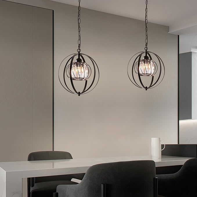 FRIXCHUR Black Crystal Pendant Light, Adjustable Hanging Light Fixture with Pumpkin-Shaped Crystal Shade, E26 Base Metal Lantern Pendant Ceiling Light for Kitchen Island, Dining Room, Entryway, Foyer