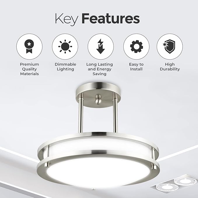Diodesy- 12 Inch Semi Flush Mount Ceiling Light Fixture with Double Band Trim Brushed Nickel 15W 1050 Lumen 30K/40K/50K CCT Selectable Dimmable- Modern Close to Ceiling for Living Room Bedroom Kitchen