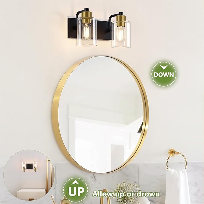 Dpyrrhic Bathroom Light Fixtures, Matte Black and Gold 2-Light Bathroom Lights Over Mirror with Clear Glass Shade,Wall Sconces for Bathroom