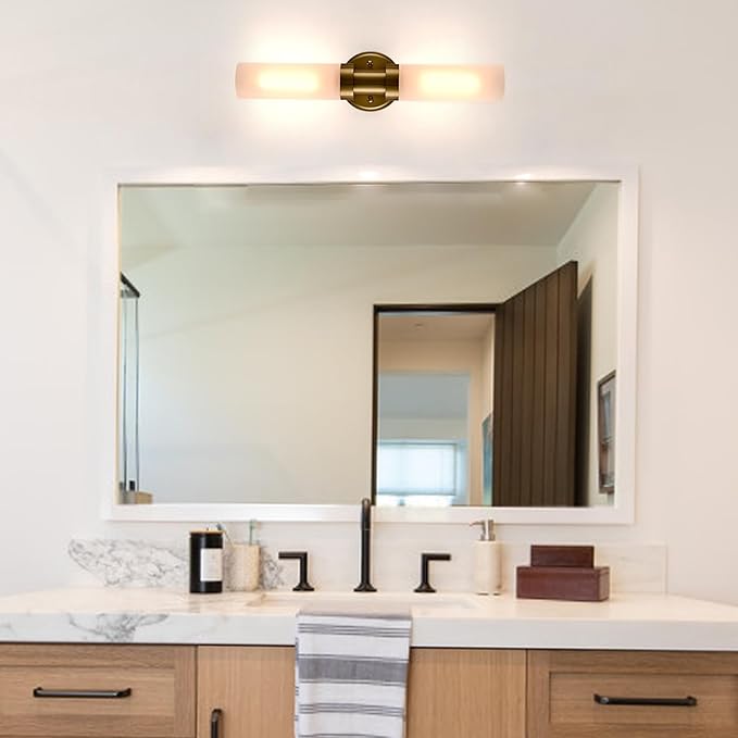 Modern Gold 2-Light Wall Sconce with Frosted Glass Shade 20-Inch Cylinder Bathroom Light Fixtures Brass Glass Sconces Wall Lighting for Living Room Bedroom