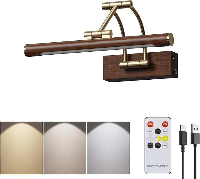 Rechargeable Picture Lights for Wall Art,12 inch Battery Operated Down Lights,3CCT Dimmable with Remote,Rotatable Gallery Light for Artwork,Wood