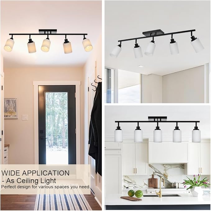 TODOLUZ Black Track Lighting Kit, 5-Lights Directional Spotlight with Opal White Glass, Kitchen Ceiling Light Fixtures for Dining Room Kithen Island Cloakroom