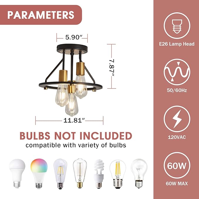 Industrial Semi Flush Mount Ceiling Light Fixture 3-Light Matte Black and Gold Chandelier E26 Farmhouse Ceiling Lamp for Entryway Hallway Bedroom Passway Balcony