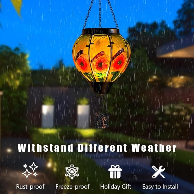 STARSOUL Dragonfly Solar Hot Air Balloon Lantern with Flickering Flame, Hanging Solar Lantern Outdoor Waterproof, Hot Air Balloon Solar Light Decorations for Garden Yard Lawn Porch Porch Backyard