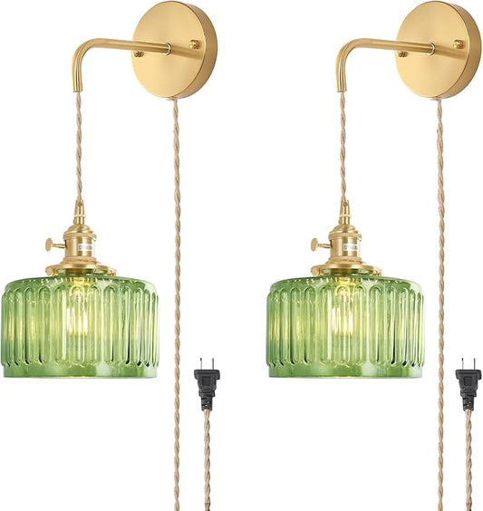 Shenmoyl Vintage Wall Sconce with Green Striped Glass Shade Hanging Wall Sconce with 4.9FT Plug in Cord, Modern Wall Lamp Fixtures Decor for Bedside Bedroom Indoor Doorway, Set of 2