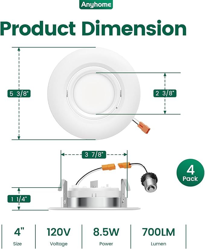 4 Inch Gimbal Led Recessed Lighting Retrofit,4 Retrofit Led Recessed Lighting,5 CCT 2700K-5000K Dimmable 8W 700LM,Compatible with TP24 Connector/E26 Bases,ETL & ES(4 Pack)