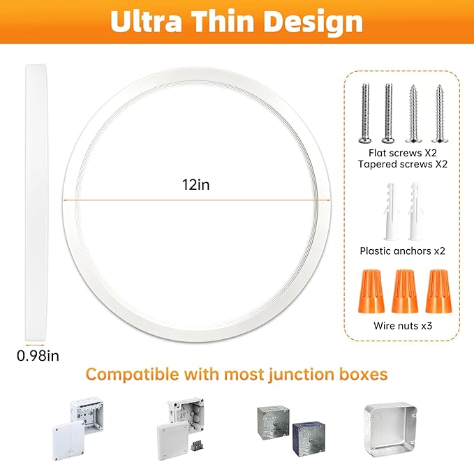 12 Inch 2Pack Super Slim Flush Mount Ceiling Light Fixture,24W 3200LM Dimmable 5CCT Selectable 2700K-5000K Round Light Fixture for Living/Bedroom,Kitchen/Bathroom,Porch &All Indoor Spaces White