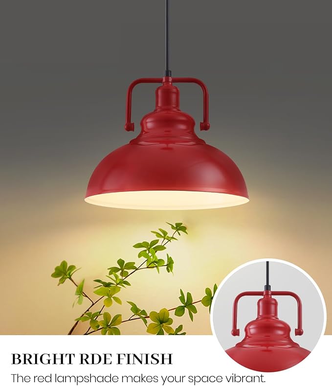 Red Farmhouse Pendant Lights 2 Packs, Metal Kitchen Island Lights, Industrial Vintage Pendant Light for Kitchen, Living Room, Bedroom, Hallway