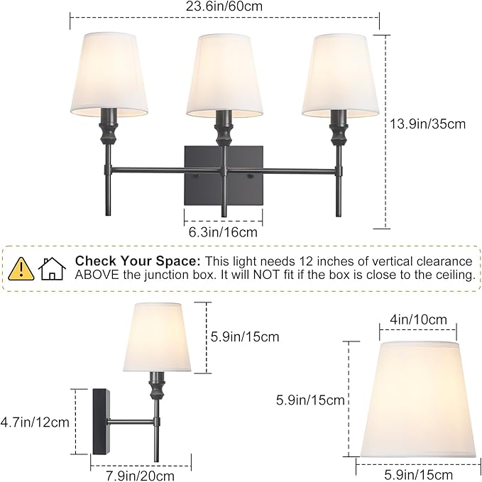 Vanity Lights For Bathroom,23.6 In Black Bathroom Light Fixtures Over Mirror,Vintage 3-Light Vanity Light With Flared White Fabric Lampshade For Bedroom,Hardwired Hallway Sconce Light,E12 Base