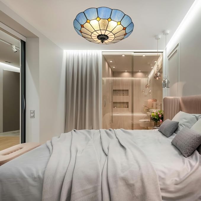 Tiffany Style Ceiling Light 16 Inch 3-Lights Stained Glass Flush Mount Ceiling Light for Bedroom Dining Room Living Room