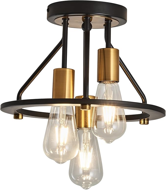 Industrial Semi Flush Mount Ceiling Light Fixture 3-Light Matte Black and Gold Chandelier E26 Farmhouse Ceiling Lamp for Entryway Hallway Bedroom Passway Balcony