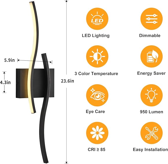 KARTOOSH Hardwired Bathroom Vanity Lights Fixtures Over Mirror Black Light Fixture Wall Lights 3CCT Dimmable LED Bathroom Light Fixtures 23.6 Inch Modern Wall Sconce Picture Lights for Wall (1 Pack)