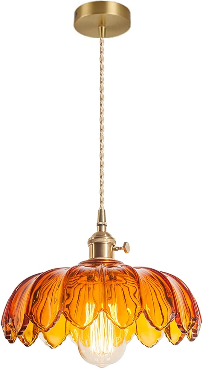 Amber Glass Pendant Light Fixtures Medium 9.8 Inches Lampshade Gold Brass Finish and Switch Vintage Pendant Ceiling Lamp Copper Pendant Lighting (Amber)