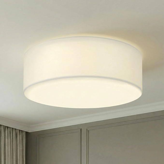 Flush Mount Ceiling Light, 16'' Modern Close to Ceiling Lamp with White Fabric Drum Shade, 3-Light Semi Flush Mount Ceiling Light Fixture, Farmhouse Ceiling Light for Bedroom Living Room