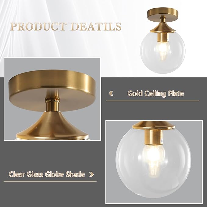 KCO Lighting Brushed Gold Flush Mount Ceiling Light Bubble Glass Globe Ceiling Lamp Mid Century Modern Small Hallway Light Fixtures