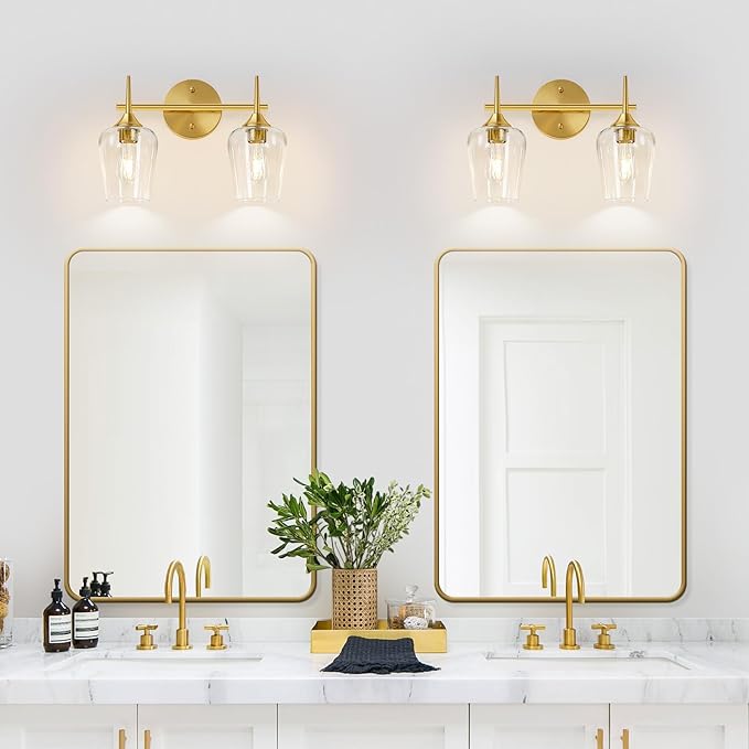 MOKATNG 2-Light Bathroom Light Fixtures, Gold Vanity Lights for Bathroom with Clear Glass, Bathroom Lighting Fixtures Over Mirror, Modern Wall lamp for Cabinet Hallway