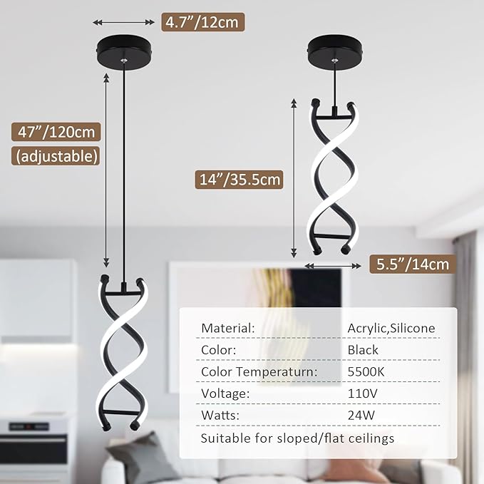 CANEOE Spiral Modern Pendant Light Fixture, 5500K Cold White Black LED Hanging Lamp, Adjustable Height Black Kitchen Island Light Fixture for Dining Room Bedroom Kitchen Sink ((Black, 5500K, 2 Packs)