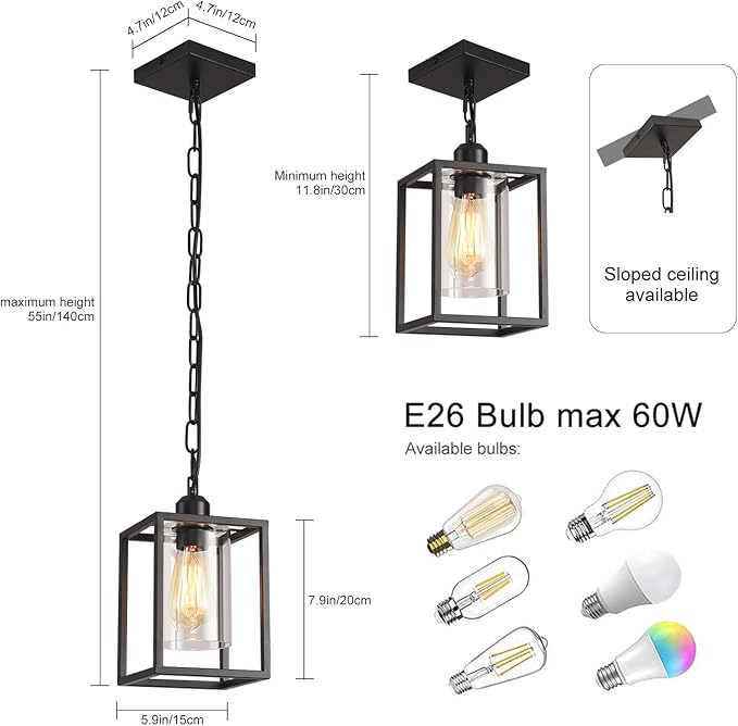 3 Pack Farmhouse Pendant Light,Black Metal Frame Hanging Light Fixture with Clear Glass Shade, Adjustable Chains Industrial Mini Pendant Lighting for Kitchen Island Entryway Porch Foyer
