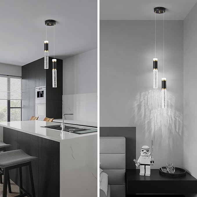 2-Light Pendant Lights Kitchen Island Black Small Pendant Lights, Dimmable LED Hanging Light with Bubble Crystal Pendant Light Modern Black Gold Mini Pendant Light