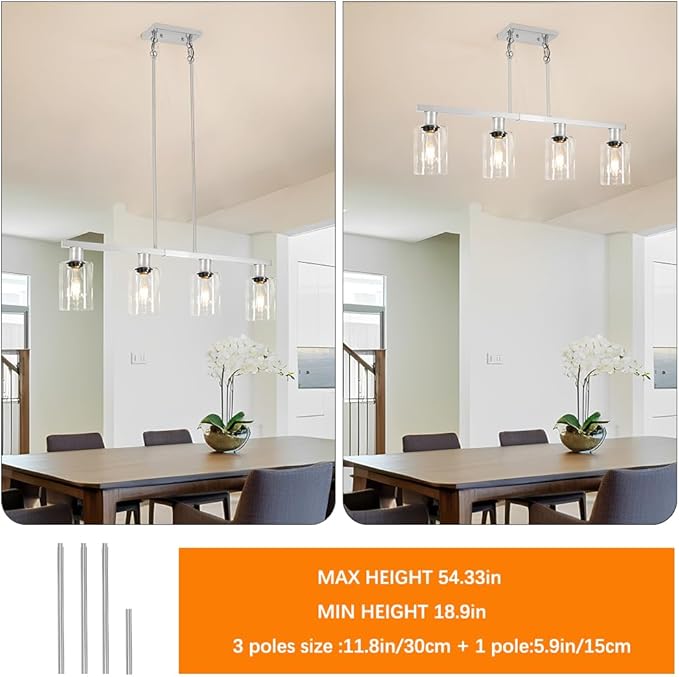 Brushed Nickel 4-Light Kitchen Island Lighting, Adjustable Island Lights for Kitchen with Clear Glass Shades - Kitchen Pendant Lighting over Sink, Farmhouse Chandelier for Dining Tables & Bars
