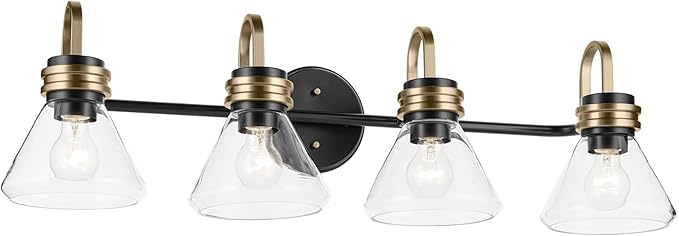 Kichler Farum 34" 4-Light Bathroom Vanity Light Fixture with Clear Glass in Black, Modern Wall Mount Over Mirror for Single or Double Vanity (34" W x 9.5" H), 55156BKCLR