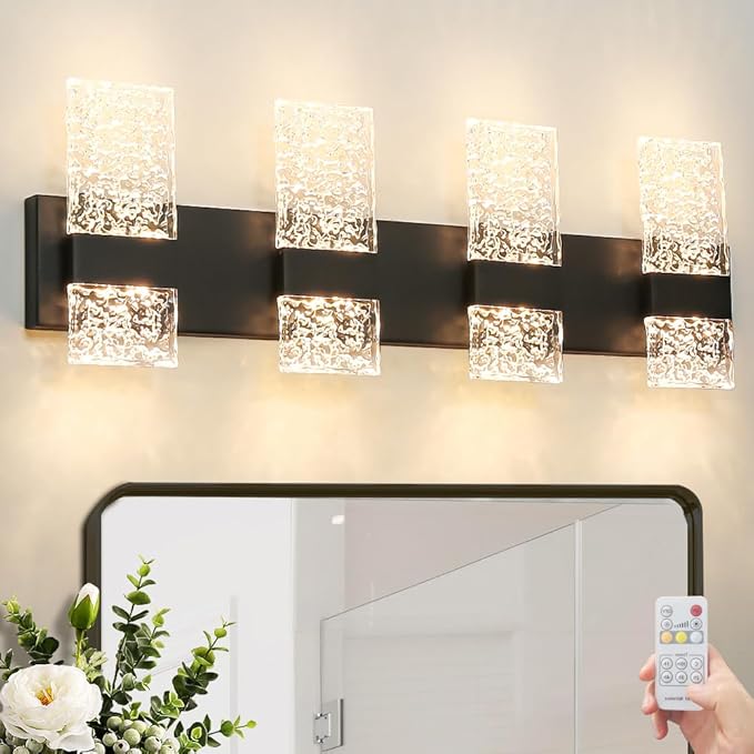 Modern Matte Black 8-Lights Bathroom Vanity Light, Eleglant LED Bathroom Light Fixtures Over Mirror, Dimmable Acrylic Shade Wall Lighting Fixtures, Hardwired Wall Light(H9.25in, L28.35in)