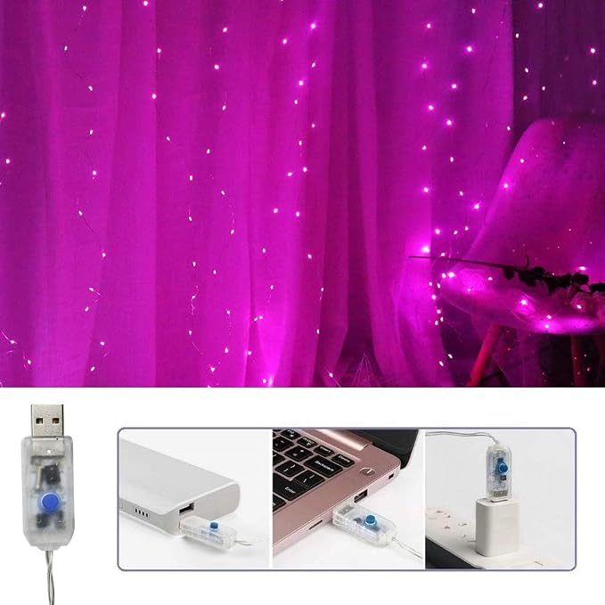 Curtain String Lights Indoor, 300 LED Twinkle Lights with Remote Timer USB Power 8 Modes Pink Fairy Lights for Bedroom Wall, Tapestry, Window, Christmas, Valentine’s Day Decor-9.8ft x 9.8ft(Pink)