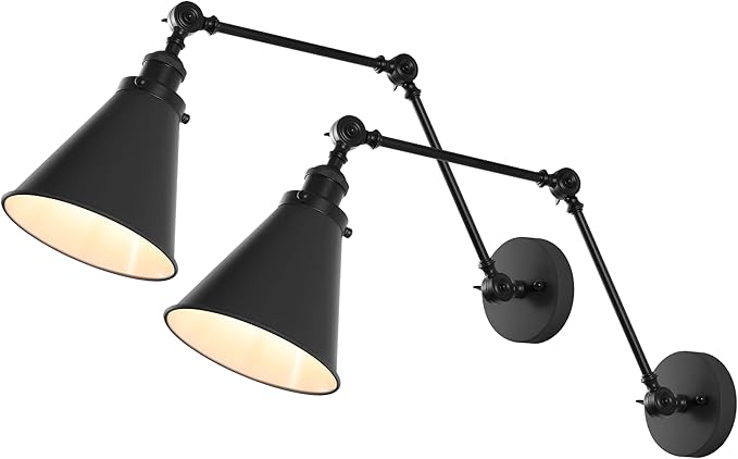 JONATHAN Y 7" Black Classic Industrial Metal Adjustable Arm LED Wall Sconce for Bedside Reading, Farmhouse Swing Arm Wall Lamp with Metal Shade, Hardwired (JYL7462E-SET2)