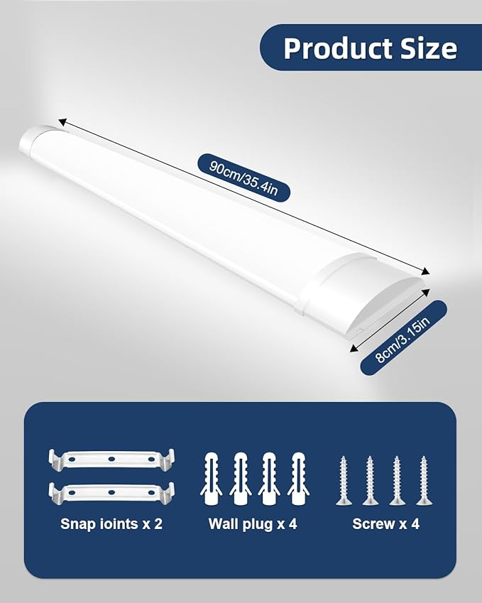 Sararoom 3FT LED Shop Fixture 30W Tube, 3600lm, 6500K Cold White, 90cm 35.4inch Garage Closet Ceiling Light for Office Home Basement, No Plug, No Ground Wire