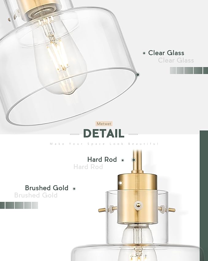 Brushed Gold Pendant Lights Kitchen Island, 6" Pendant Light Fixtures Over Island with Clear Glass Shade, Modern Brass Kitchen Island Lighting for Dining Room Entryway, PL124-BG-G-1PK