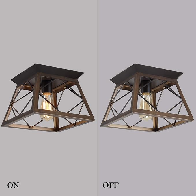 Q&S Flush Mount Ceiling Light Fixture,Farmhouse Vintage Lights,Industrial Metal Lamp for Hallway, Entryway, Bathroom ORB+Brush Brown,1 Light E26