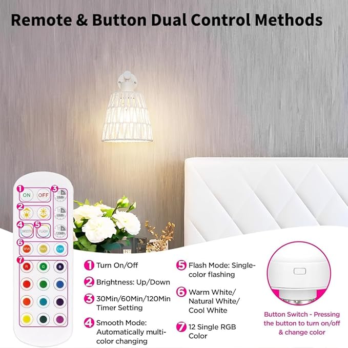 White Battery Operated Wall Sconce Set of 2, Boho Rattan Rechargeable Wall Lights with Dimmable Bulbs and Remote,15 Colors Wireless Wall Lamps for Bedroom Living Room Hallway Decor