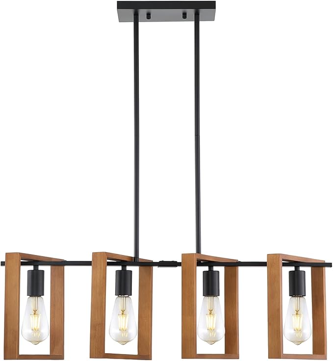 9MMML 4 Lights Island Light for Kitchen,Farmhouse Industrial Rectangle Pendant Light, Black Body+Wood Frame Vintage Chandelier for Dining&Living Room Pool Table Hallway Entryway Foyer,E26