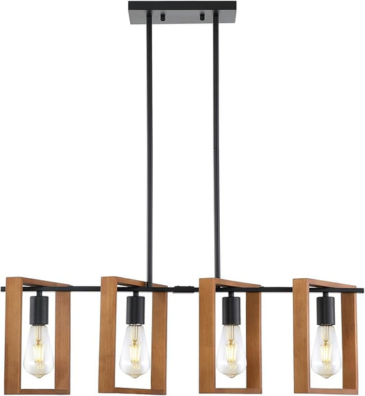 9MMML 4 Lights Island Light for Kitchen,Farmhouse Industrial Rectangle Pendant Light, Black Body+Wood Frame Vintage Chandelier for Dining&Living Room Pool Table Hallway Entryway Foyer,E26
