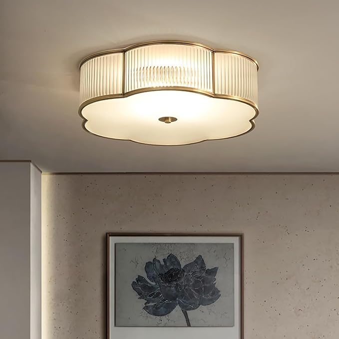 Modern Floral Flush Mount Ceiling Light,Art Deco Brass Ceiling Light,Gold Scalloped Light Fixture,Frosted Glass Ceiling Lamp for Hallway Bedroom Dining Room and Kitchen