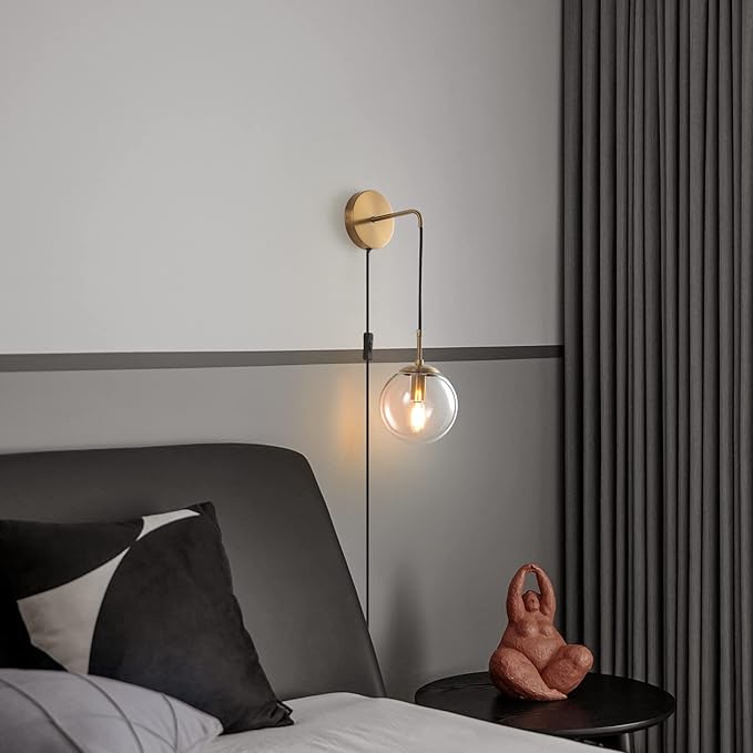 KUZZULL Wall Sconces Set of Two Plug in Wall Sconces Brushed Brass Gold Wall Lamp with Cord Wall Sconce Plug in with Globe Clear Glass Shade Sconces Set of 2 Wall Light Sconce