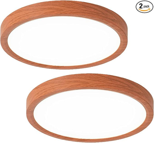 COTULIN 9 Inch LED Wood Grain Flush Mount Ceiling Light Fixtures Set of 2, Modern 22W Round Flat Overhead 3000K-4000K-6000K Selectable Ceiling Lamps for Bedroom, Living Room, Kitchen, Entryway