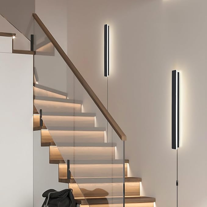 KELUOLY Modern Plug in Wall Sconces, 23.6 inch Frosted Black LED Long Wall Lights, 12W Warm White 3000K Acrylic Indoor Wall lamp,with 59" Plug Cable for Bedroom, Living Room, Bathroom Makeup, Hallway