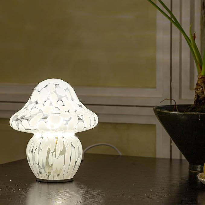 HEQET Mushroom Lamp Glass Mushroom Table Lamp for Bedrooms, Living Room, Aesthetic Lamps for Bedroom, Cute Bedside Lamp（White Dot）